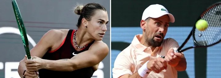 Combo fotográfico de archivo de la tenista bielorrusa Aryna Sabalenka (i) y del tenista serbio Novak Djokovic. EFE/EPA/FILIP SINGER // CHRISTOPHE PETIT TESSON.