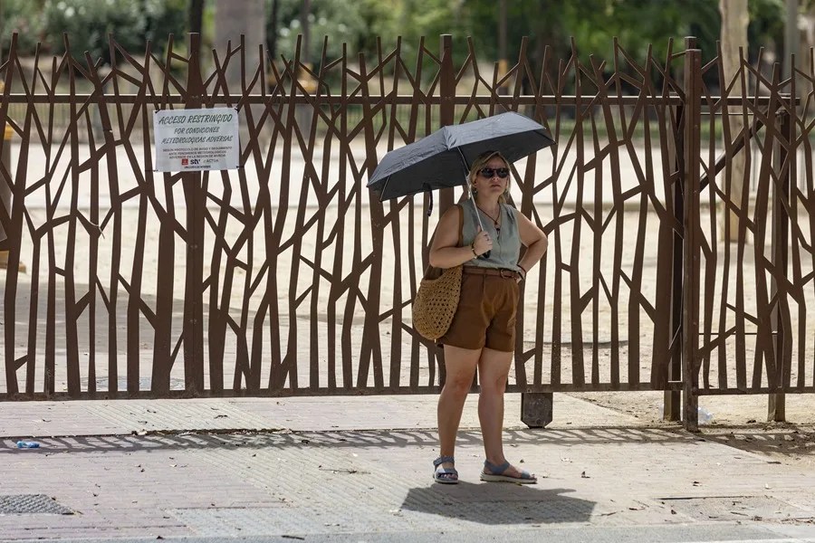 Una mujer se protege del sol con una sombrilla en Murcia