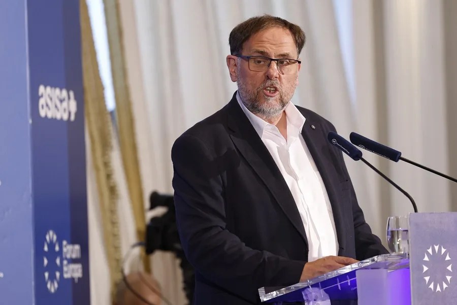El presidente de ERC, Oriol Junqueras, durante su intervención en el desayuno informativo de Fórum Europa este viernes en Madrid.
