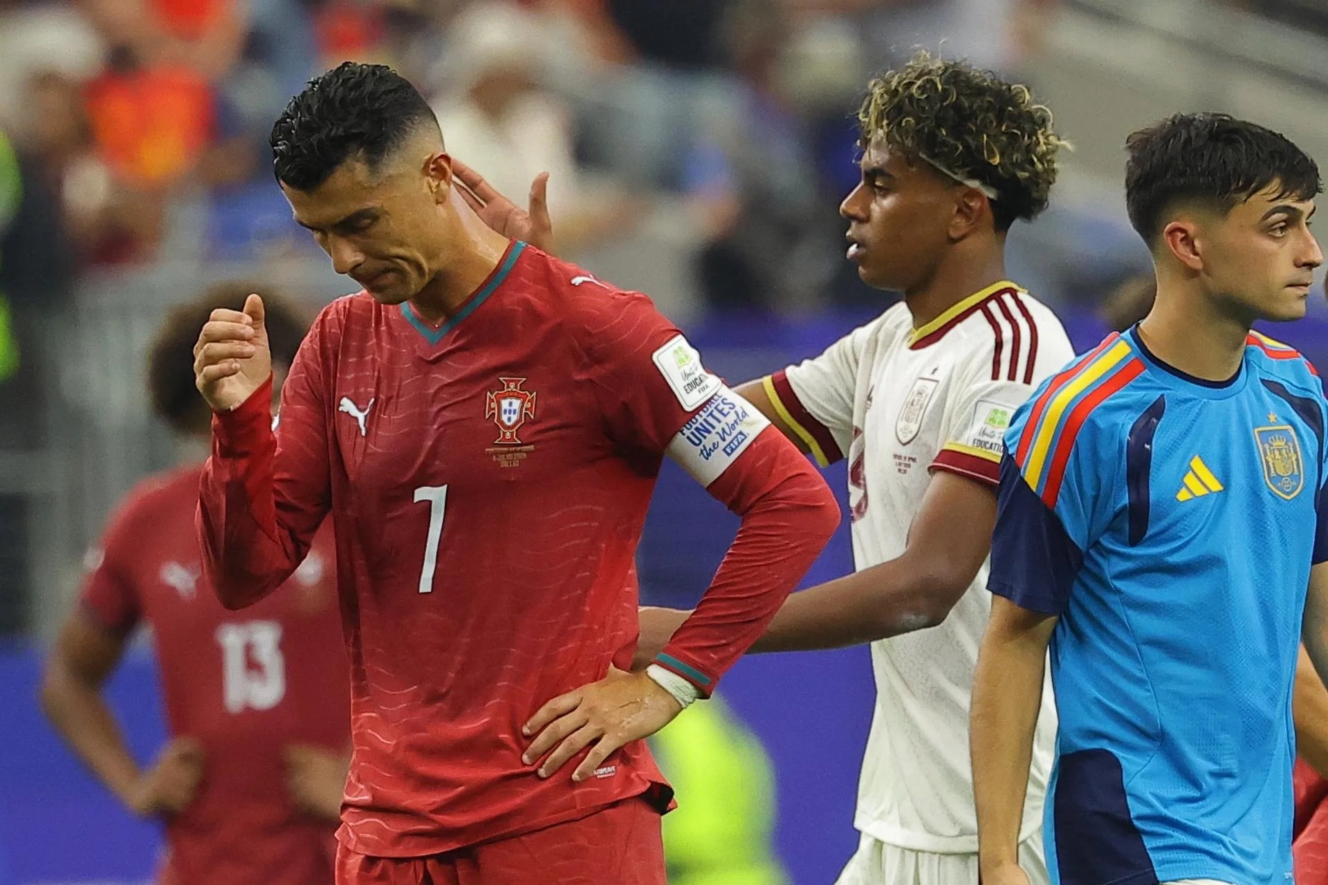 Cristiano Ronaldo (L) of Portugal reacts after their defeat in the FIFA World Cup 2026 Round of 16 match Portugal against Spain, in Dallas, US, 06 July 2026. (España) EFE/EPA/CHRISTOPHER NEUNDORF
