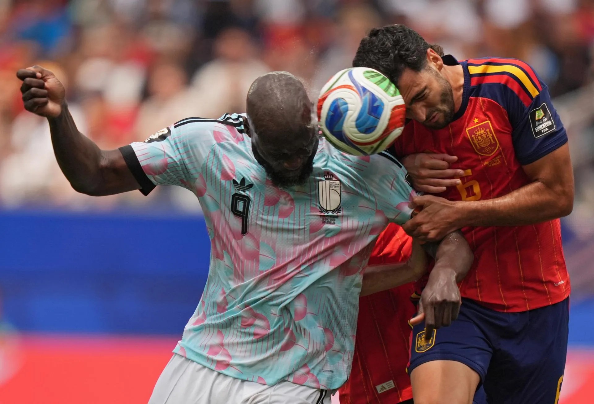 Romelu Lukaku of Belgium (L) and Mikel Merino of Spain in action during the FIFA World Cup 2026 quarterfinals match Spain against Belgium, in Los Angeles, USA, 10 July 2026. EFE/EPA/SCOTT STRAZZANTE
