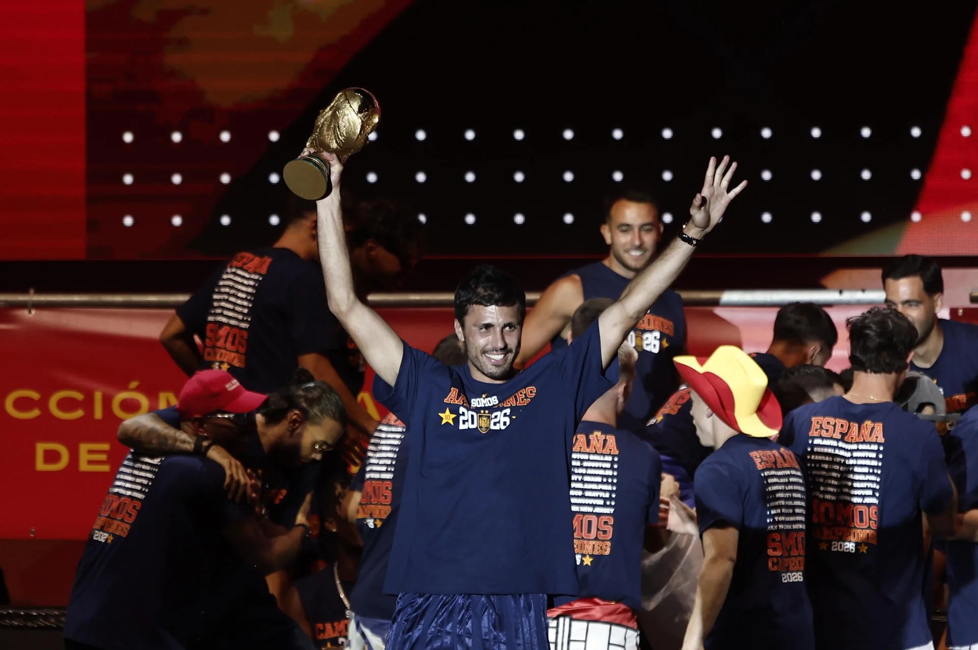 Spanish national team player Rodrigo during Monday's celebration in Plaza de Cibeles marking the Spanish team's victory in the 2026 World Cup Jul 20, 2026. EFE/Sergio Pérez