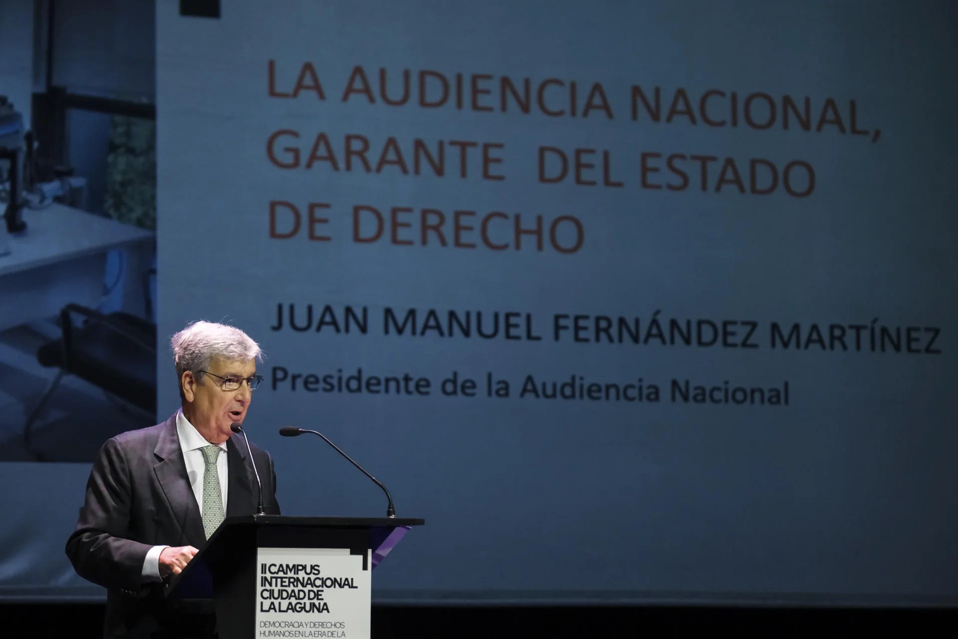 El presidente de la Audiencia Nacional, Juan Manuel Fernández Martínez, durante su intervención este lunes en la sesión inaugural del campus internacional Ciudad de La Laguna, en el que se debatirá la situación de la democracia y los derechos humanos. EFE/Alberto Valdés