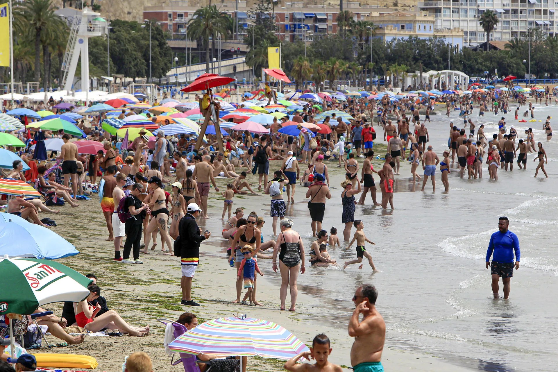 Cientos de bañistas en la playa alicantina de El Postiguet a mitad de mes de julio. EFE/Pep Morell