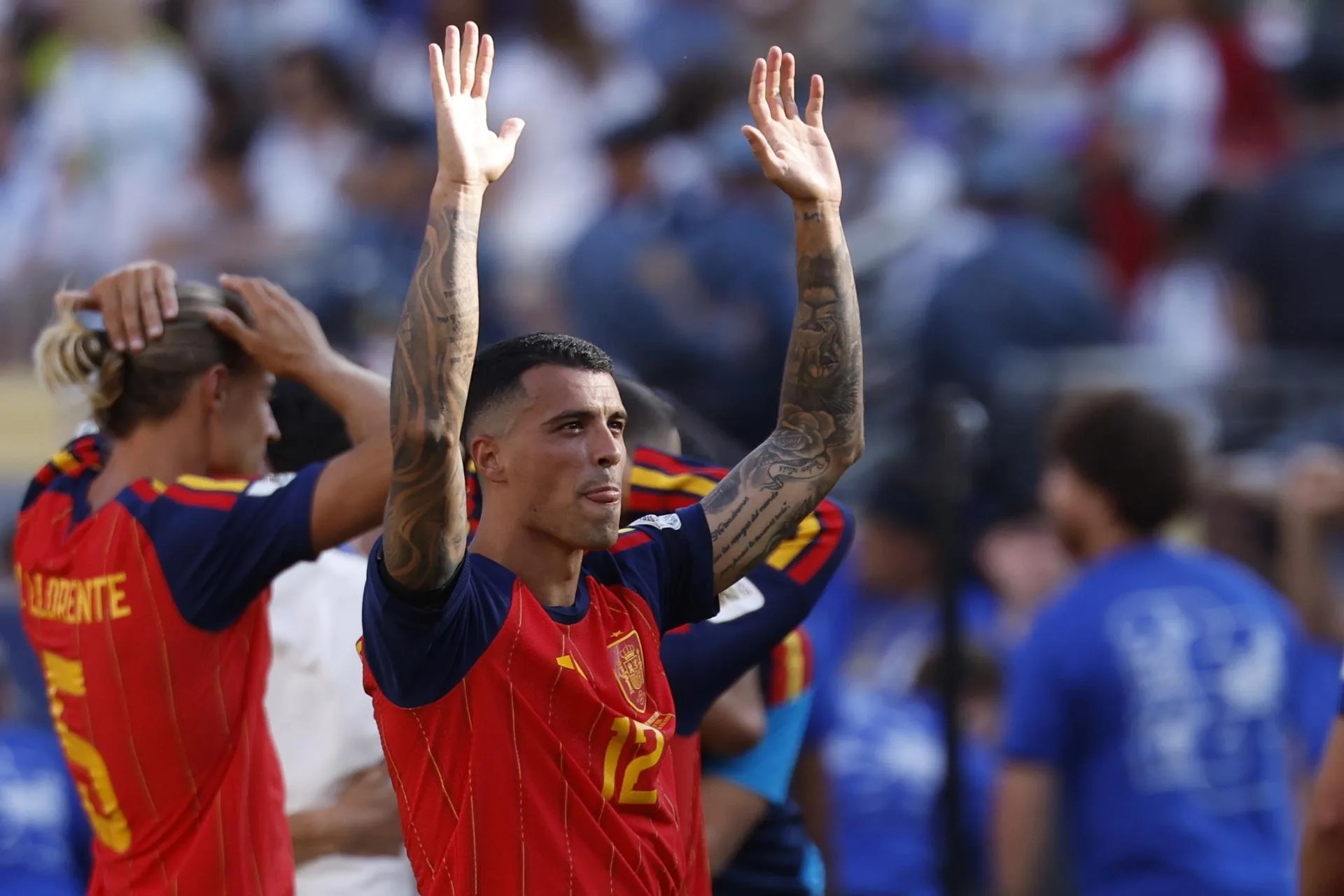 Pedro Porro of Spain celebrates their victory in the FIFA World Cup 2026 final match Spain against Argentina, in New Jersey, US, 19 July 2026. EFE/EPA/SHAWN THEW