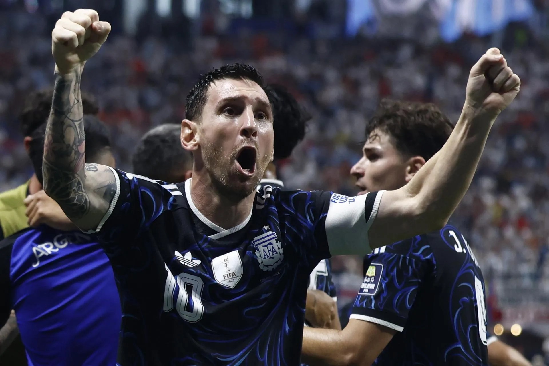 Lionel Messi of Argentina celebrates after the team scored a goal during the FIFA World Cup 2026 semifinals match England against Argentina, in Atlanta, USA, 15 July 2026. EFE-EPA/WILL OLIVER