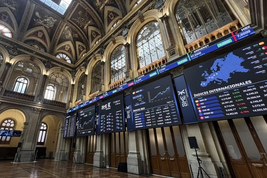 Interior de la Bolsa de Madrid en la sesión de hoy.