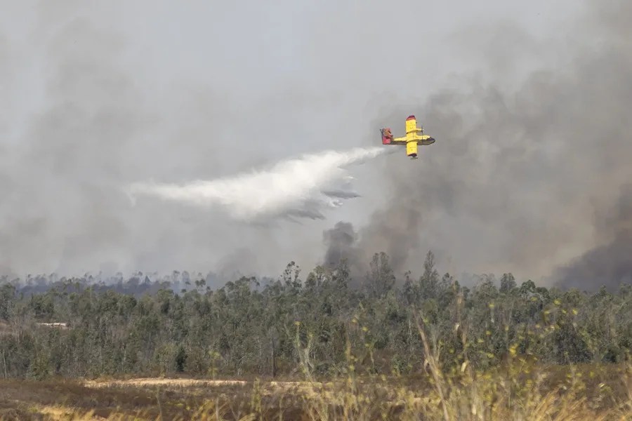 Medios aéreos trabajan en las labores de extinción del incendio forestal en Niebla (Huelva).