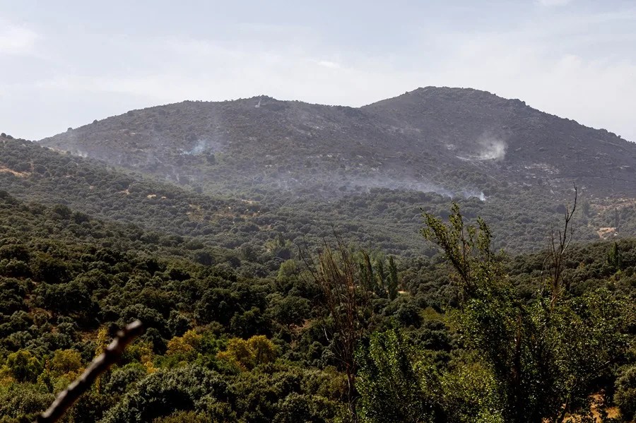 Labores para tratar de consolidar el perímetro de un incendio forestal declarado el sábado en el término municipal de Navas de San Antonio (Segovia).
