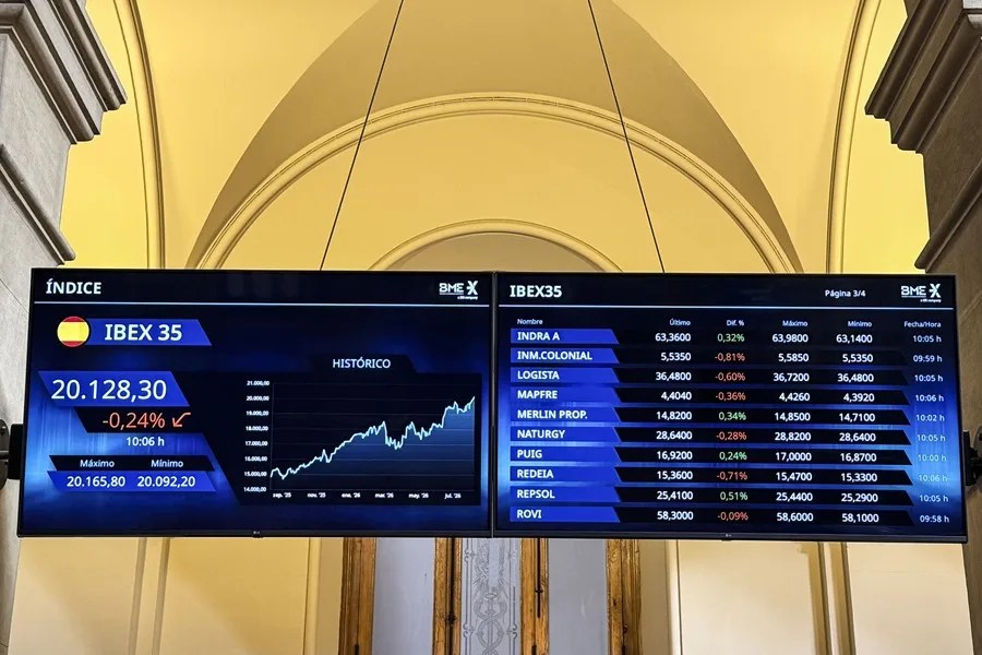 Paneles y monitores muestran en el parqué madrileño la evolución de la Bolsa española