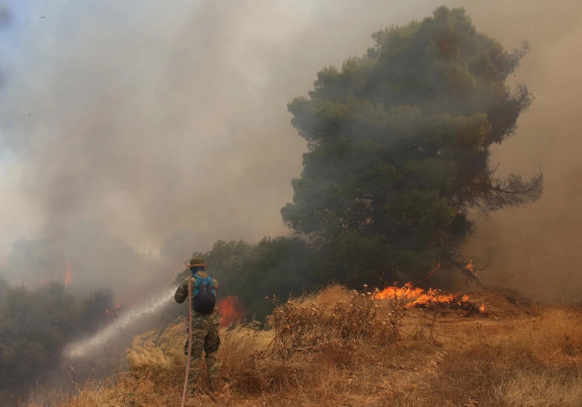 MEGARA (Greece), 02/08/2026.- A firefighter battles a wildfire in the wider area of Megara, Attica, Greece, 02 August 2026. EFE/EPA/ORESTIS PANAGIOTOU
