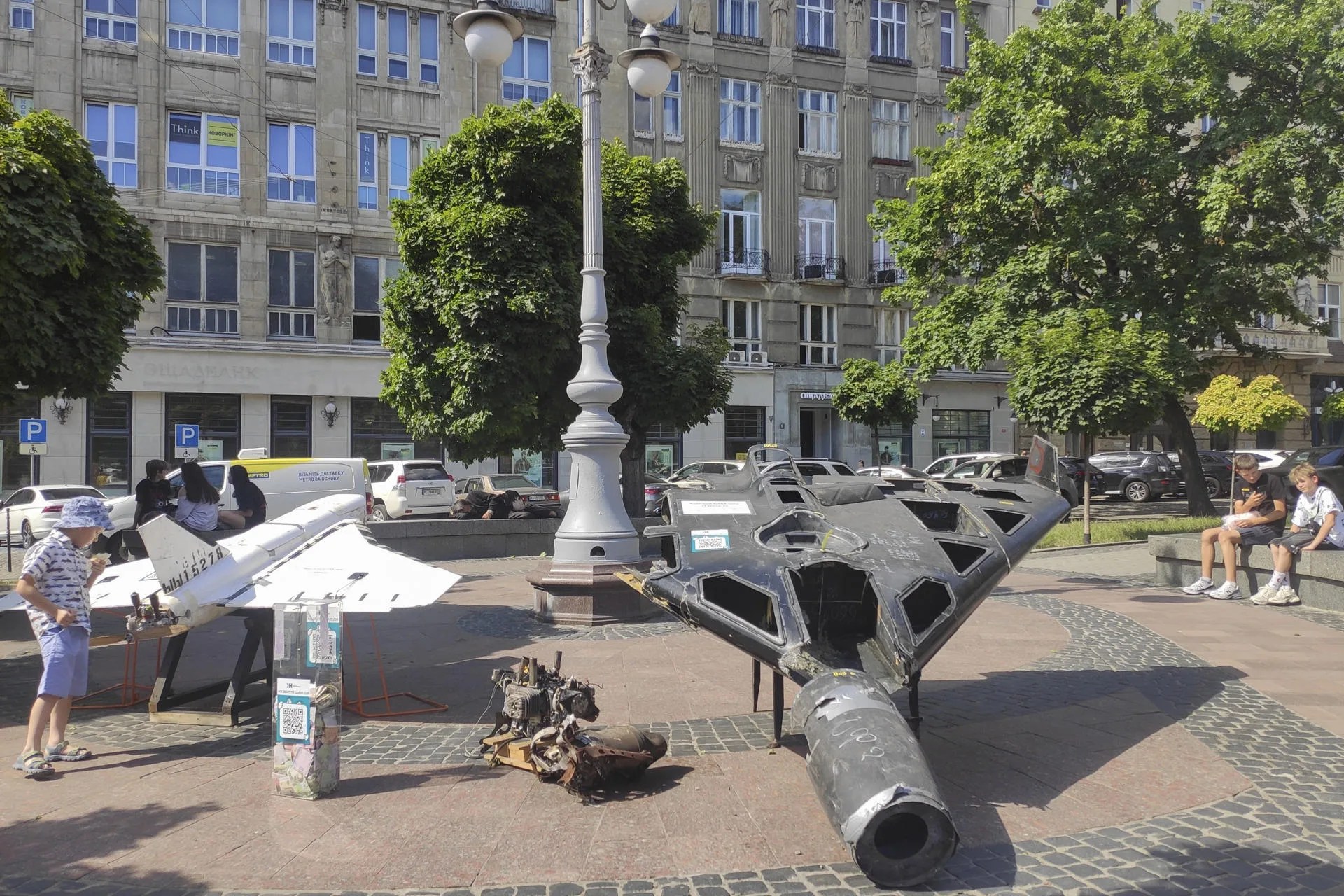 Russian suicide and reconnaissance drones intercepted by the Ukrainian military can be seen in downtown Lviv. Aug. 17, 2026. EFE/ Rostyslav Averchuk
