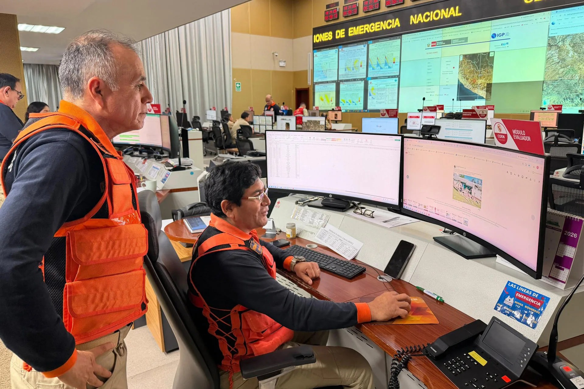 Photo taken from Peru's National Institute of Civil Defense's X account @indeciperu showing Indeci Director Luis Enrique Vásquez (left) monitoring the aftermath of Thursday's 7.2-magnitude earthquake in the Andean region of Ayacucho, southern Peru. EFE/ @indeciperu /FOR EDITORIAL USE ONLY/NOT FOR SALE/AVAILABLE ONLY TO ILLUSTRATE THE ACCOMPANYING NEWS STORY (CREDIT REQUIRED)