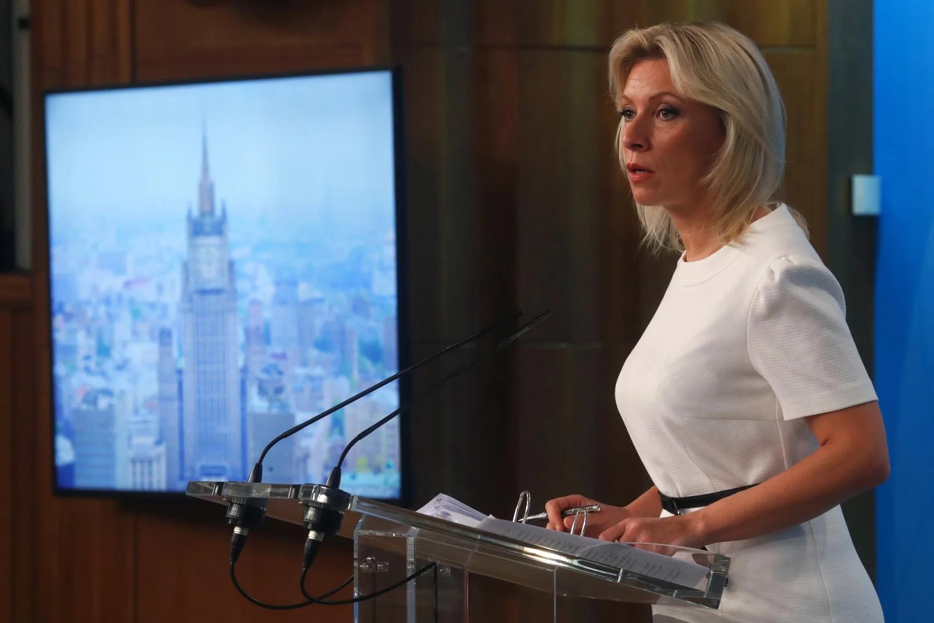 [FILE] Maria Zakharova, the Russian Foreign Ministry's spokeswoman, attends a briefing in Moscow, Russia, 03 August 2018. EPA/FILE/MAXIM SHIPENKOV