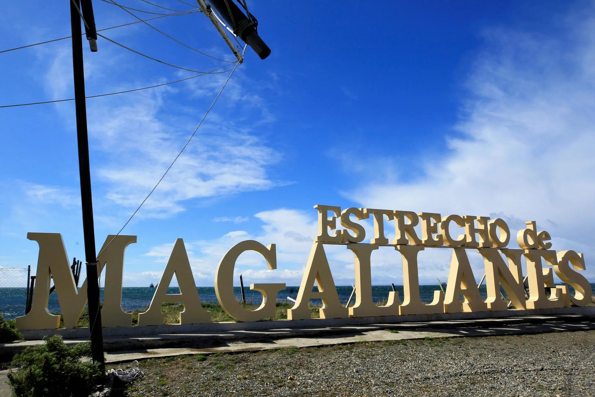 (FILE). File photo from Nov. 8, 2022, showing a sign with the name Strait of Magellan on Isla Grande in Tierra del Fuego (Chile). Oct. 14, 2022. EFE/ Javier Martín