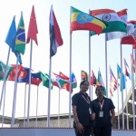 Personal de seguridad en la sede en la que se celebra hoy la cumbre de los BRICS, en Nueva Delhi.