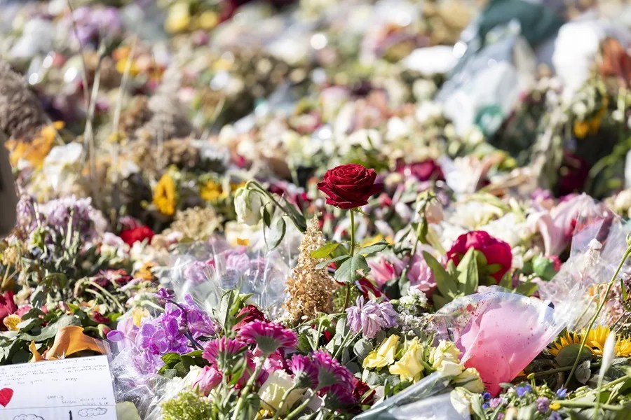 Flores depositadas en memoria del difunto rey Harald V de Noruega yacen en Slottsplassen, en Oslo (Noruega)