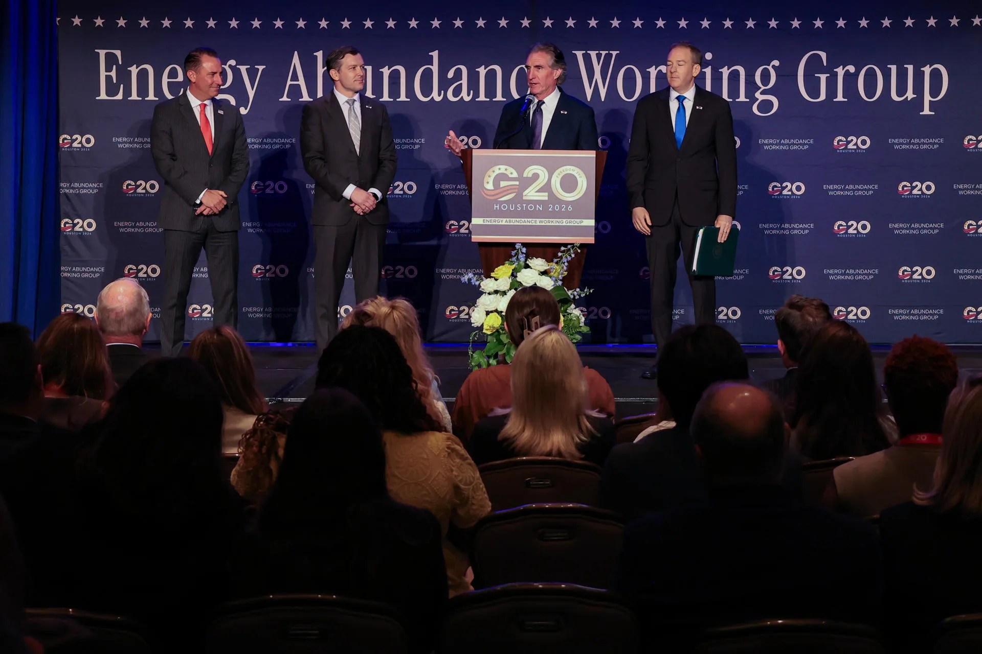 From left to right, White House National Energy Dominance Council Executive Director Jarrod Agen, former U.S. Deputy Assistant Secretary for Fossil Energy and Carbon Management Kyle Haustveit, U.S. Secretary of the Interior Doug Burgum, and U.S. Environmental Protection Agency Administrator Lee Zeldin participate in the first day of the G20 energy meetings held in Houston, USA 14 September 2026. EFE/ Carlos Ramirez