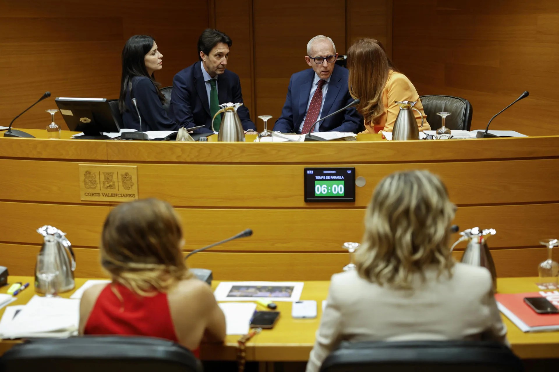 La diputada de Vox y presidenta de la comisión de investigación de Les Corts sobre la dana del 29 de octubre de 2024, Miriam Turiel (i), y el diputado del PP y vicepresidente, Vicente Betoret (2º i), durante una sesión. EFE/Ana Escobar
