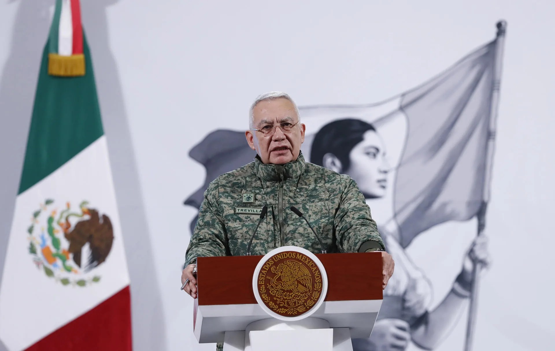 (FILE). Ricardo Trevilla Trejo, the head of the Secretariat of National Defense (Sedena), participates in a press conference held by Mexican President Claudia Sheinbaum at the National Palace in Mexico City. Feb. 11, 2025. EFE/Mario Guzmán