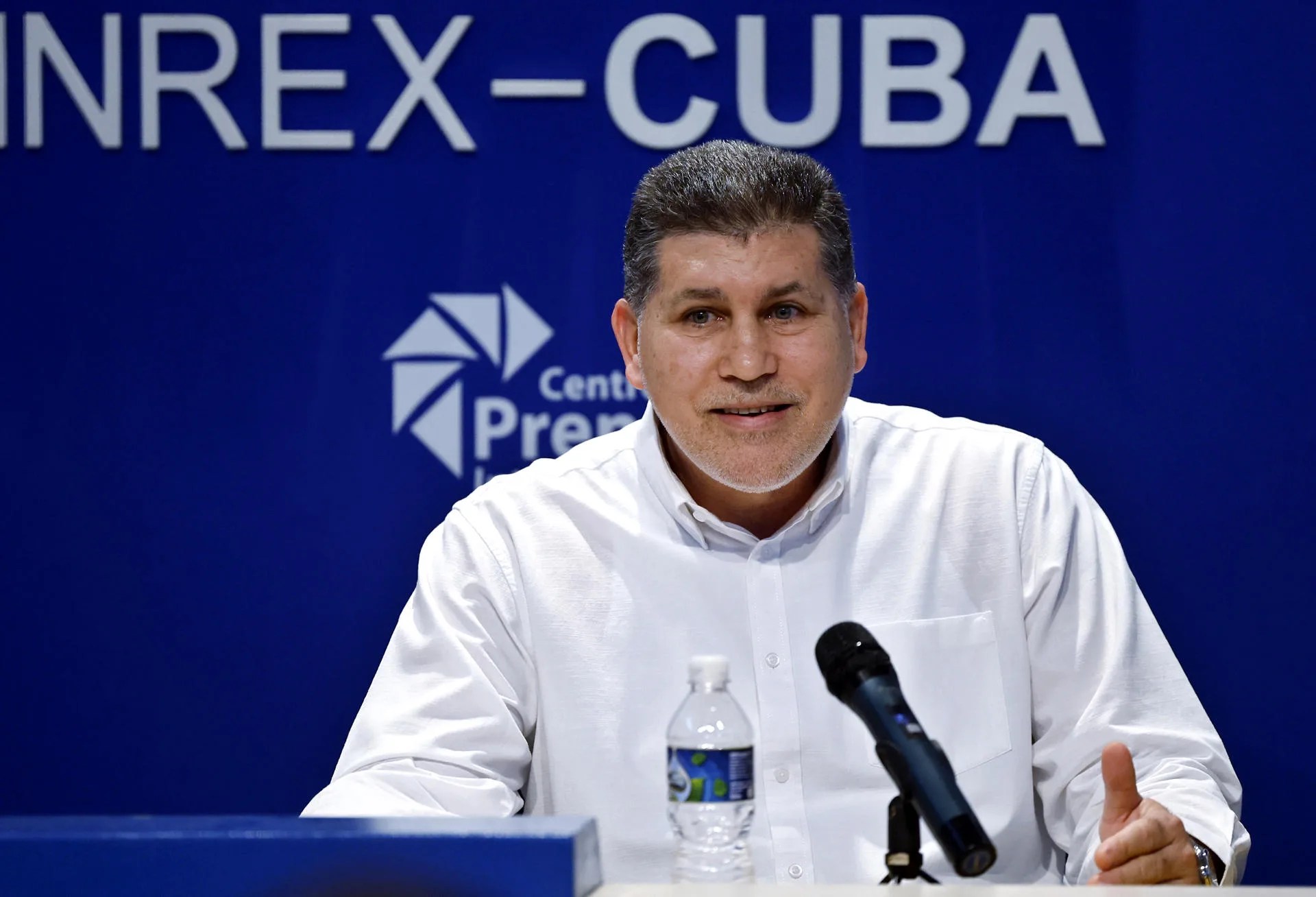 Deputy Prime Minister and Minister of Foreign Trade and Foreign Investment, Óscar Pérez-Oliva Fraga, speaks at a press conference in Havana, Cuba. Sep. 03, 2026. EFE/ Ernesto Mastrascusa.