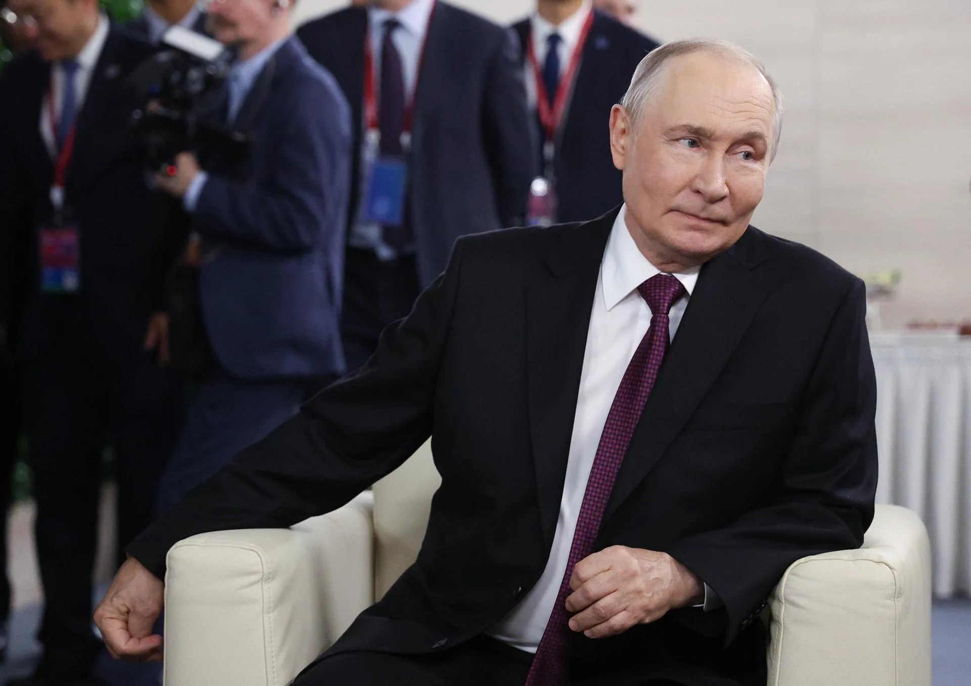 Russian President Vladimir Putin (R) looks on before a plenary session of the Eastern Economic Forum (EEF) at the Far Eastern Federal University (FEFU) on Russky Island, in Vladivostok, Russia. Sep. 03, 2026. EFE/EPA/VYACHESLAV PROKOFYEV/SPUTNIK/KREMLIN POOL MANDATORY CREDIT