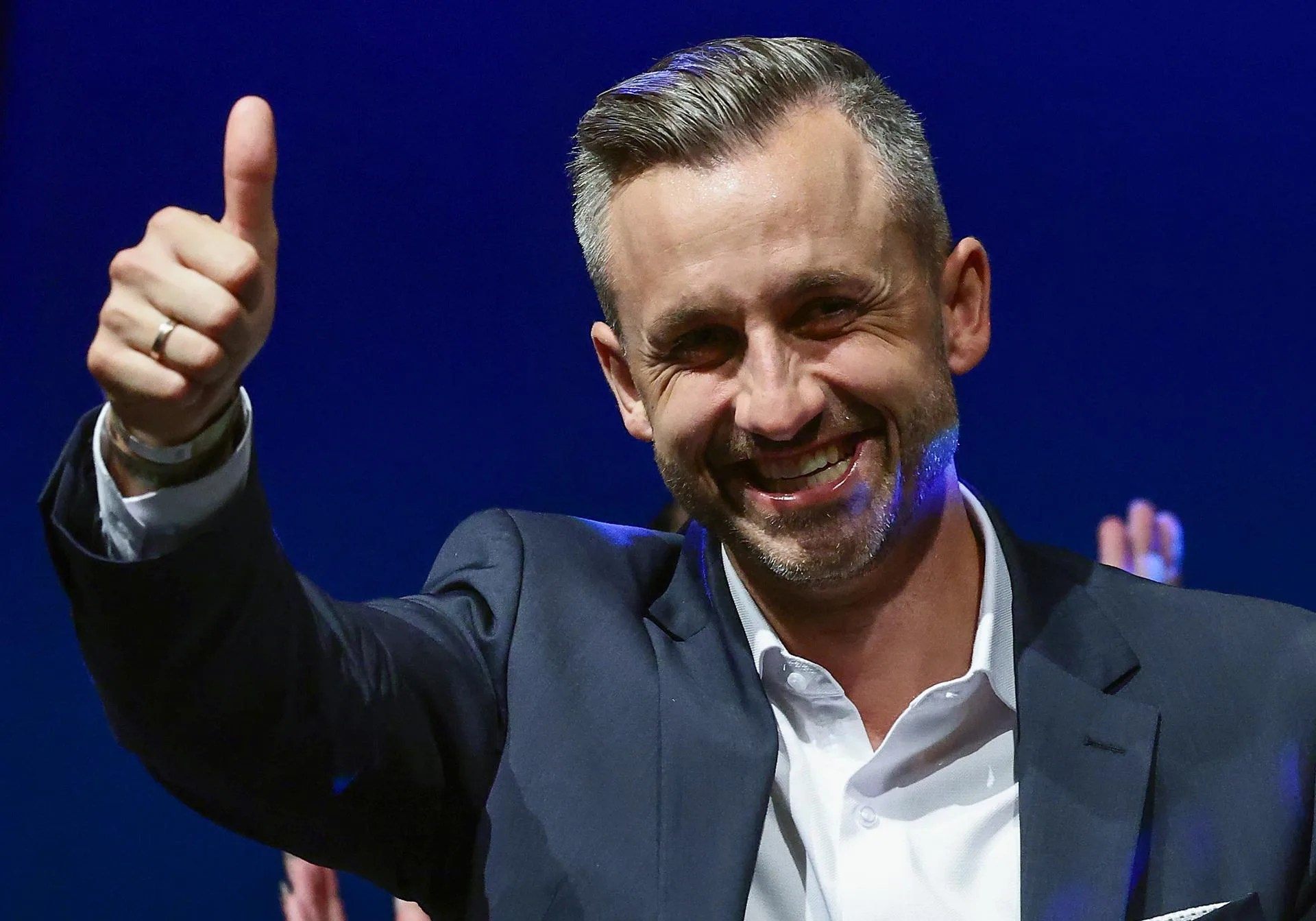 Magdeburg (Germany), 06/09/2026.- Top candidate Ulrich Siegmund gestures during a far-right Alternative for Germany (AfD) election party following Saxony-Anhalt state election, in Magdeburg, Germany, 06 September 2026. EFE/EPA/FILIP SINGER
