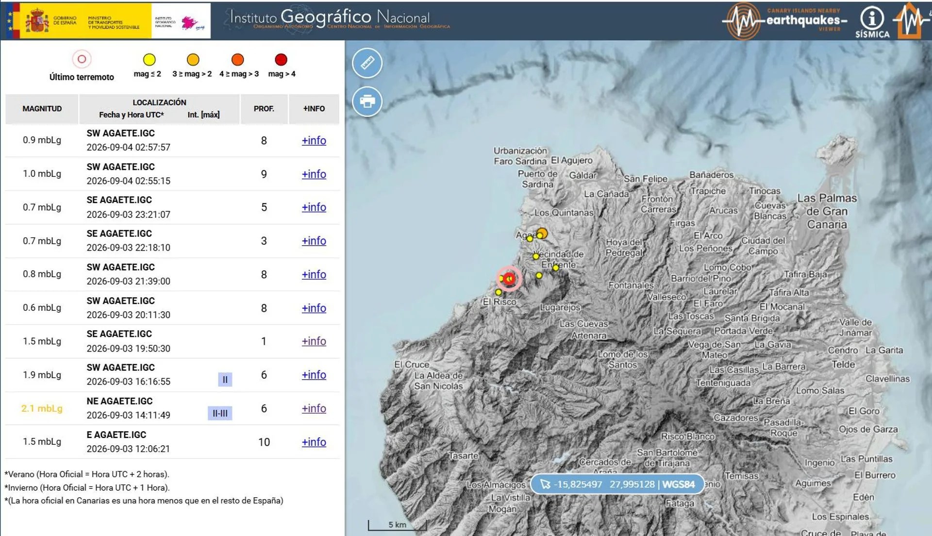 Captura de pantalla de sistema de vigilancia sísmica del IGN, con la localización y detalles de los seísmos registrados en Agaete. EFE