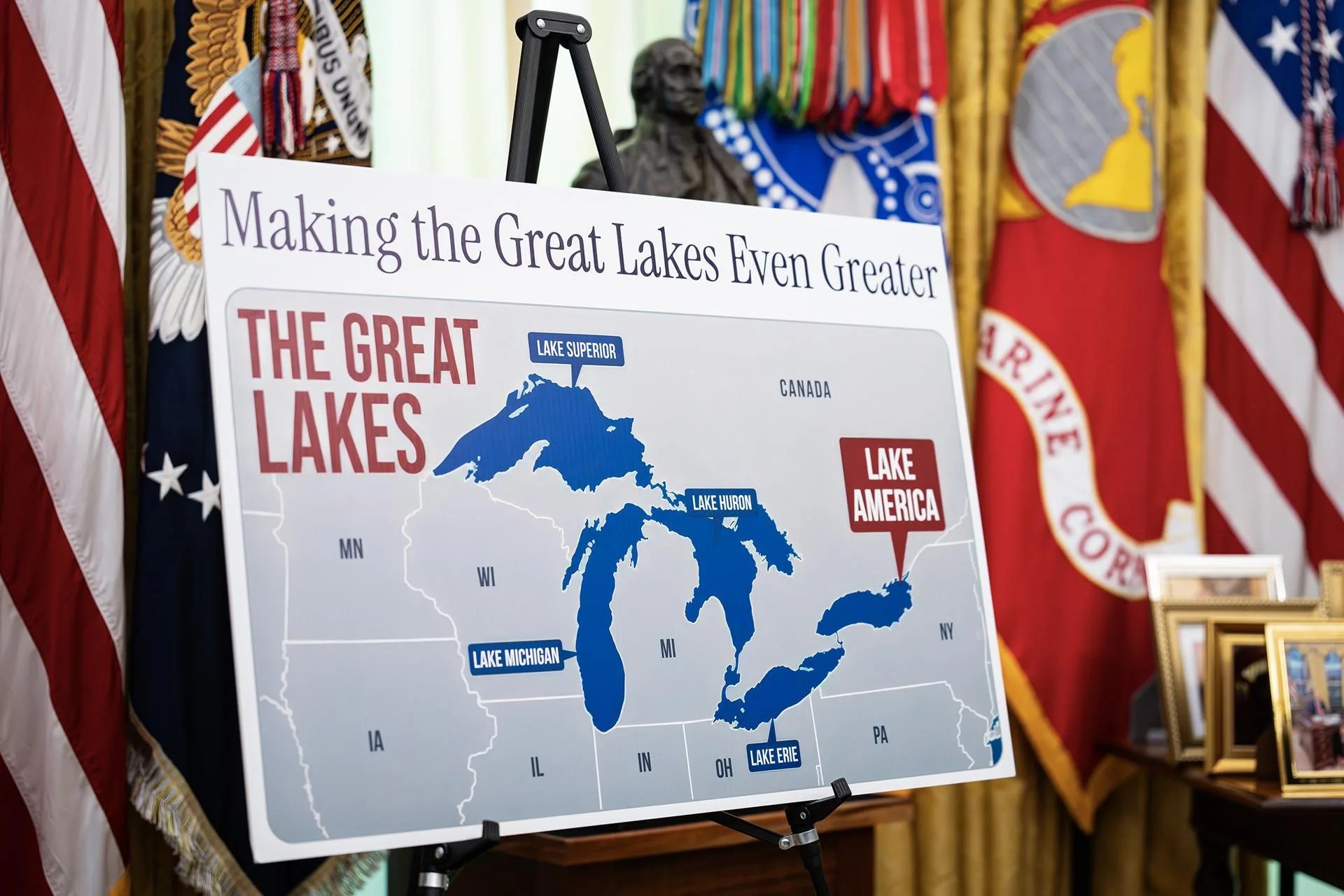(FILE).- A poster shows the name change from Lake Ontario to Lake America, as US President Donald Trump signs an executive order on the renaming, amid a recent trade war, in the Oval Office of the White House in Washington, DC, USA, 27 August 2026. EFE/EPA/AL DRAGO / POOL
