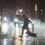 Un transeúnte y su perro corren bajo una fuerte lluvia en Barcelona