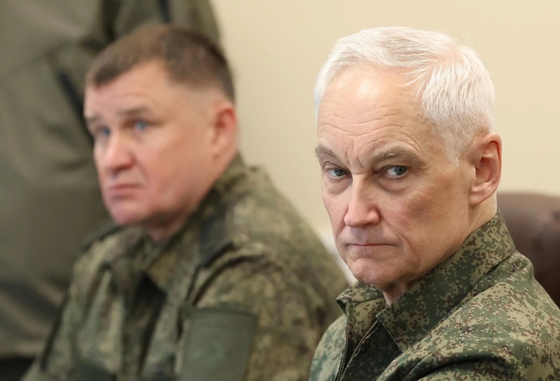 (FILE). Russian Defence Minister Andrei Belousov (R) and Commander-in-Chief of the Russian Ground Forces Andrey Mordvichev observe the ‌Centre-2026 strategic command and staff exercises involving the Collective Rapid Reaction Force of the Collective Security Treaty Organization (CSTO) at the Chebarkulsky training ground in Chelyabinsk Region, Russia. Oct. 02, 2026. EFE/EPA/ALEXANDER KAZAKOV / SPUTNIK / KREMLIN POOL MANDATORY CREDIT