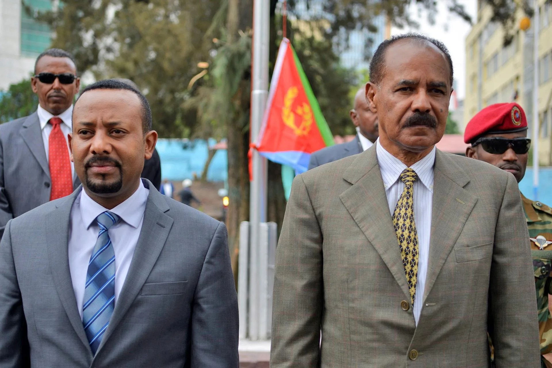 (FILE).- Ethiopian Prime Minister Abiy Ahmed (left) and Eritrean President Isaias Afewerki (right) attend the reopening ceremony of the Eritrean embassy in Addis Ababa (Ethiopia) on July 16, 2018. EFE/Stringer