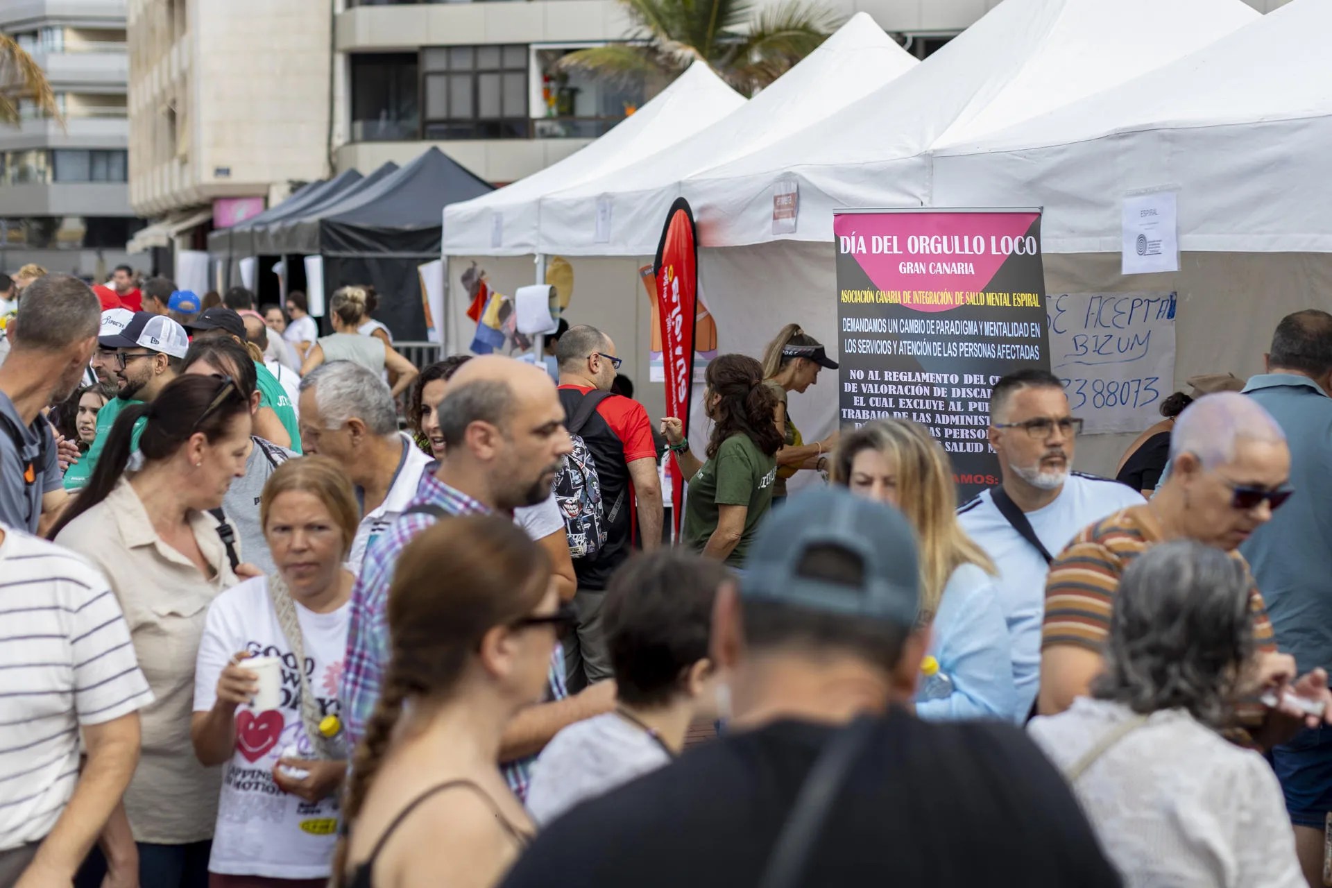 Numerosas personas visitan los stands instalados con motivo del Día Mundial de la Salud Mental que organiza el Programa Insular de Rehabilitación Psicosocial. EFE/ Quique Curbelo