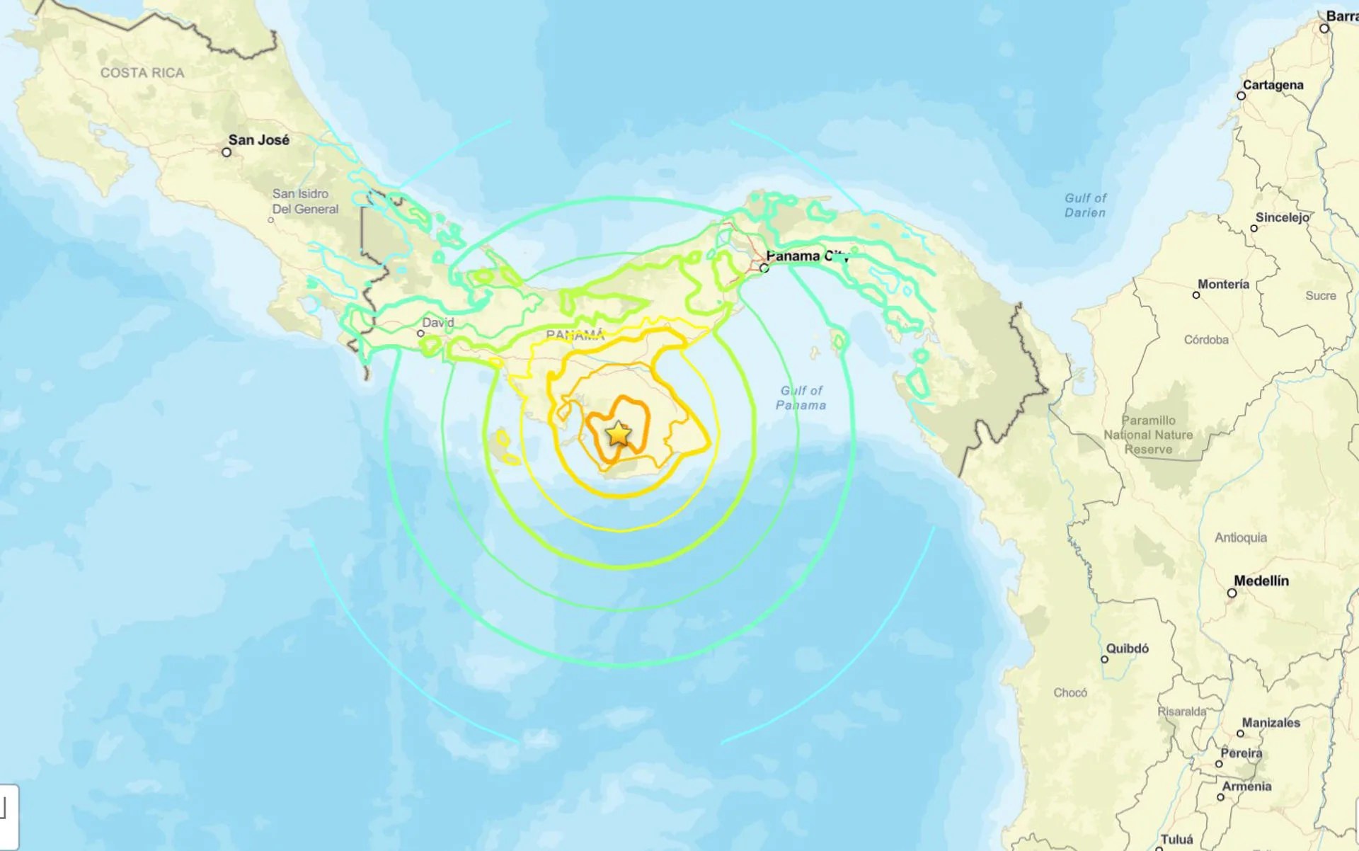 Image released by the U.S. Geological Survey (USGS) showing the epicenter of a 7.6-magnitude earthquake that struck southeastern Panama on Friday, at a depth of 10 kilometers, according to the USGS, Oct 09, 2026. EFE/ USGS /EDITORIAL USE ONLY/ AVAILABLE ONLY TO ILLUSTRATE THE ACCOMPANYING NEWS STORY (CREDIT REQUIRED)