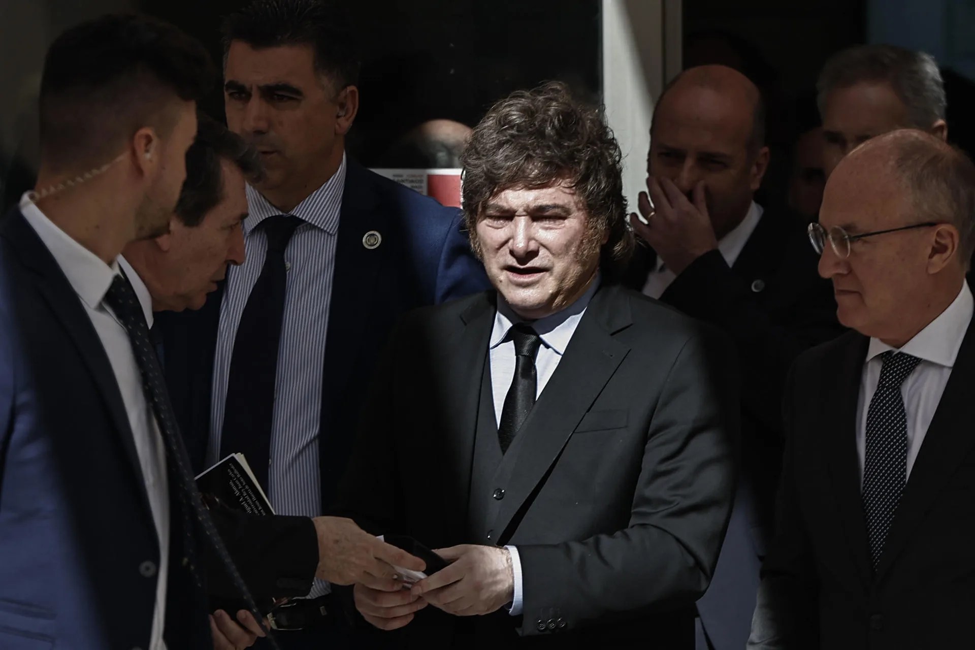 Argentinian presidente Javier Milei at his arrival to the presentation of the Economics Austrian School Master held in Juan Carlos University in Madrid, Spain on 21 October 2026. EFE/ Sergio Perez