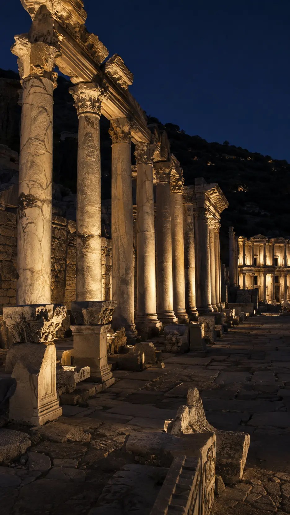 Efes’te gece aydınlatılmış antik sütunlar