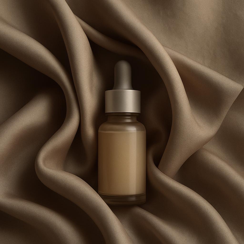 A bottle of foundation with a silver cap and a brown base, surrounded by brown fabric. The foundation is in a clear glass ...