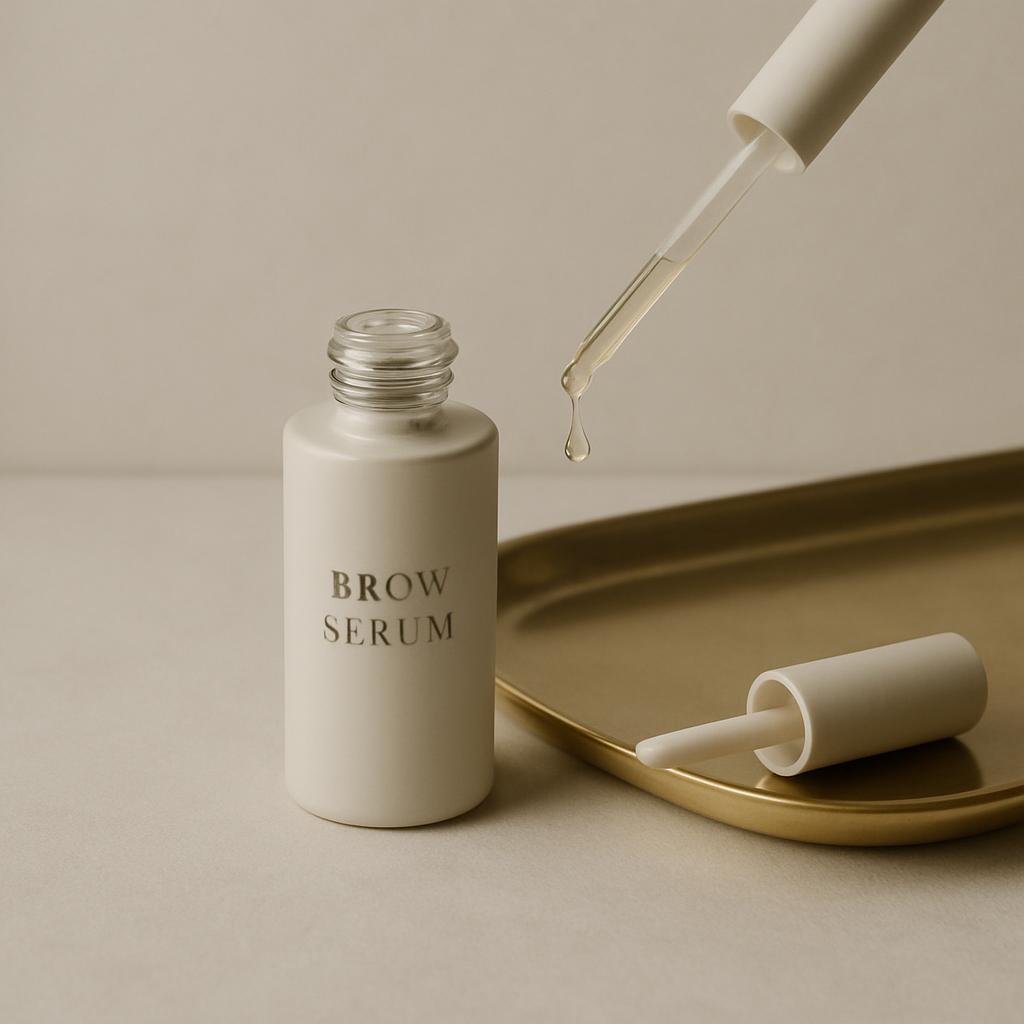A close-up image of a white bottle of brow serum, a gold tray and a dropper in the background.