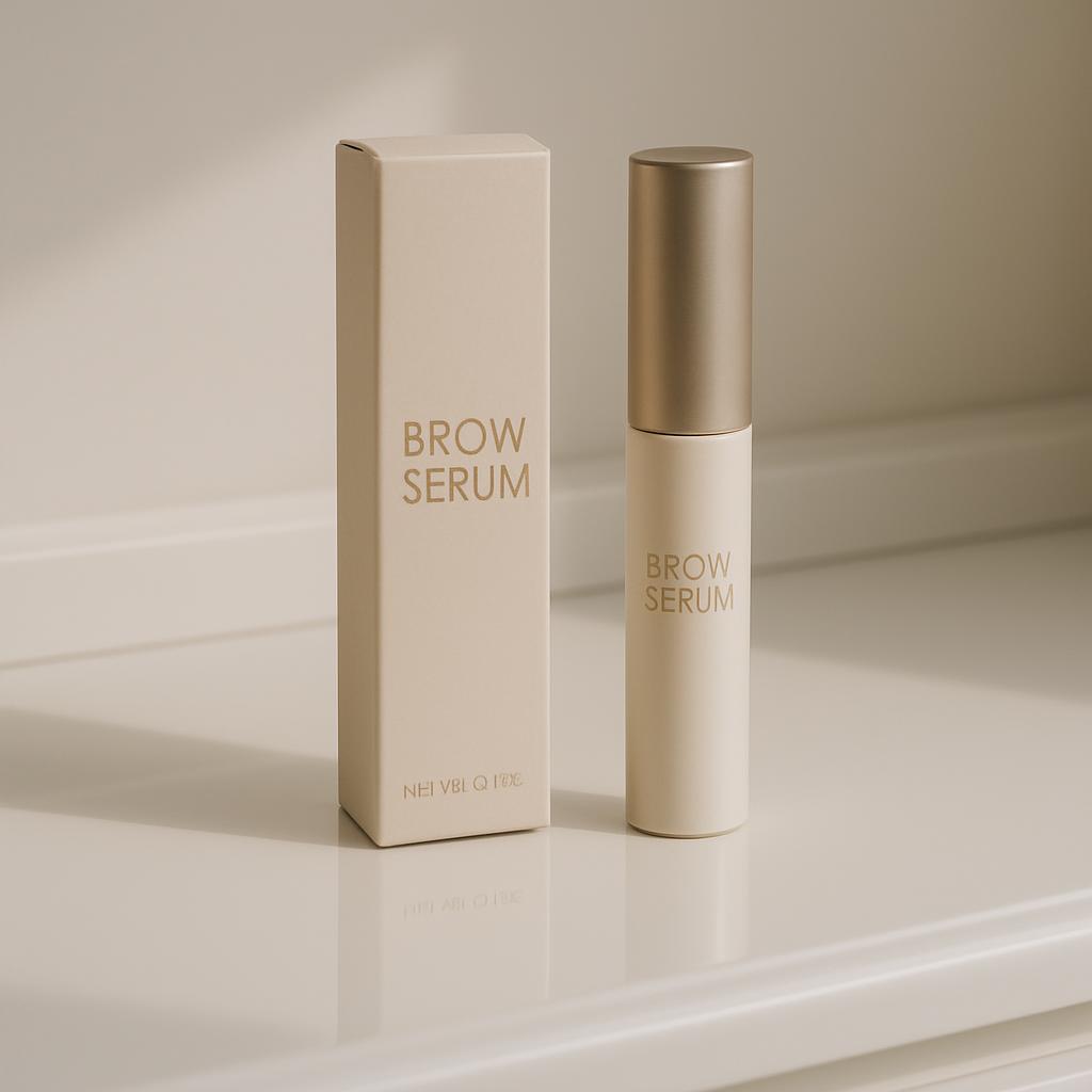 The image shows two bottles of brow serum, one in a box and the other in a cylindrical container, on a white surface. The ...
