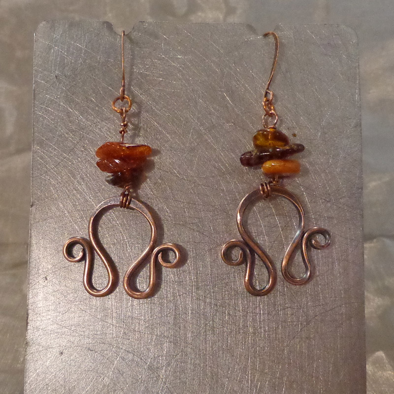 Copper Wire Norse Earrings with Amber Beads