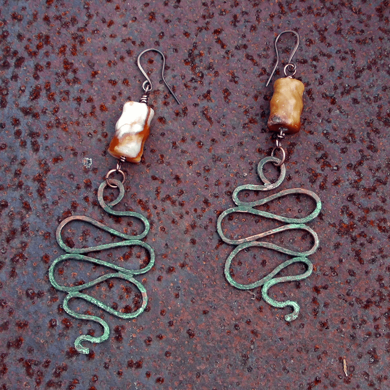 Copper Serpentine Earrings with Jasper Beads