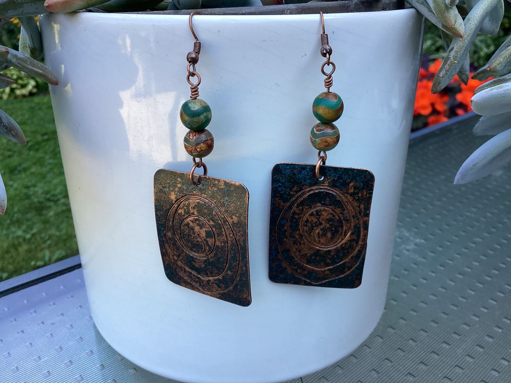 EC-0509 Copper Embossed Earrings with Patina