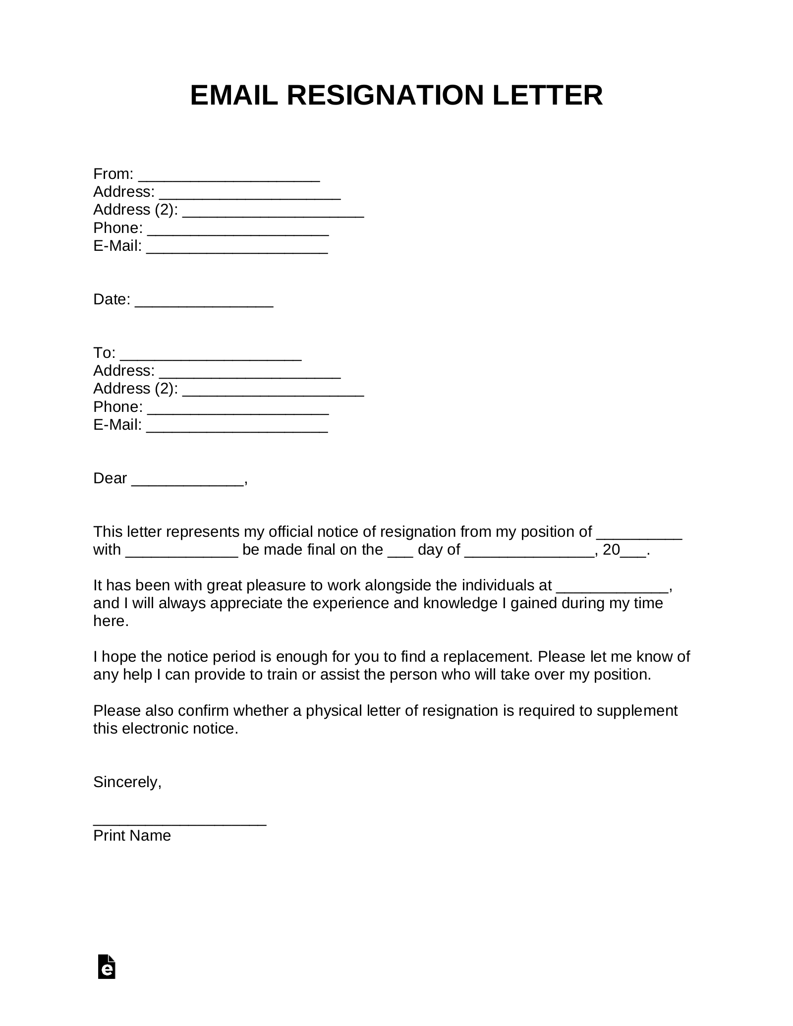 Free E-Mail Resignation Letter Template - with Samples - Word | PDF – eForms