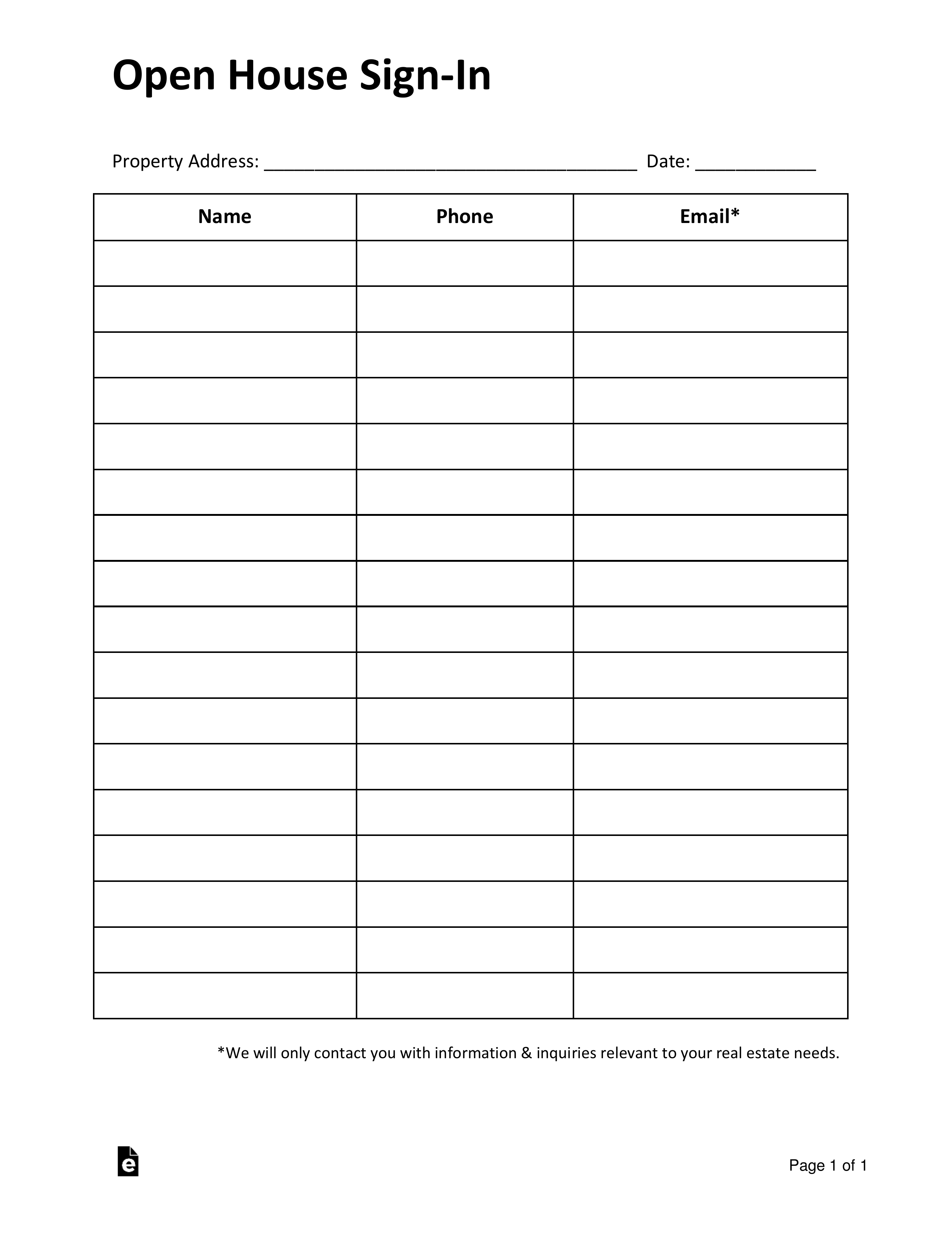 Free Simple Real Estate Open House Sign-in Sheet - PDF | Word – eForms