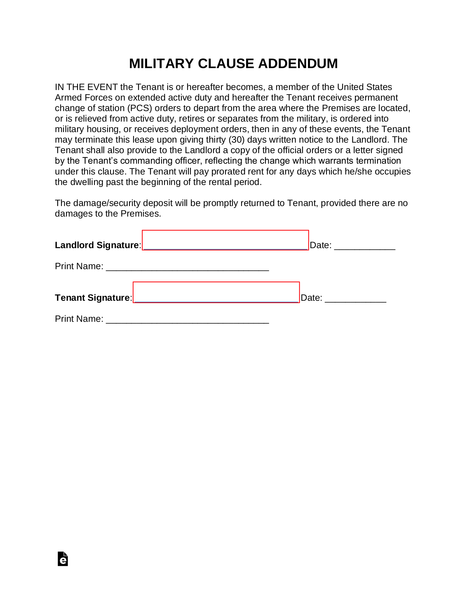 Free Military Lease Clause Addendum Template - PDF | Word – eForms