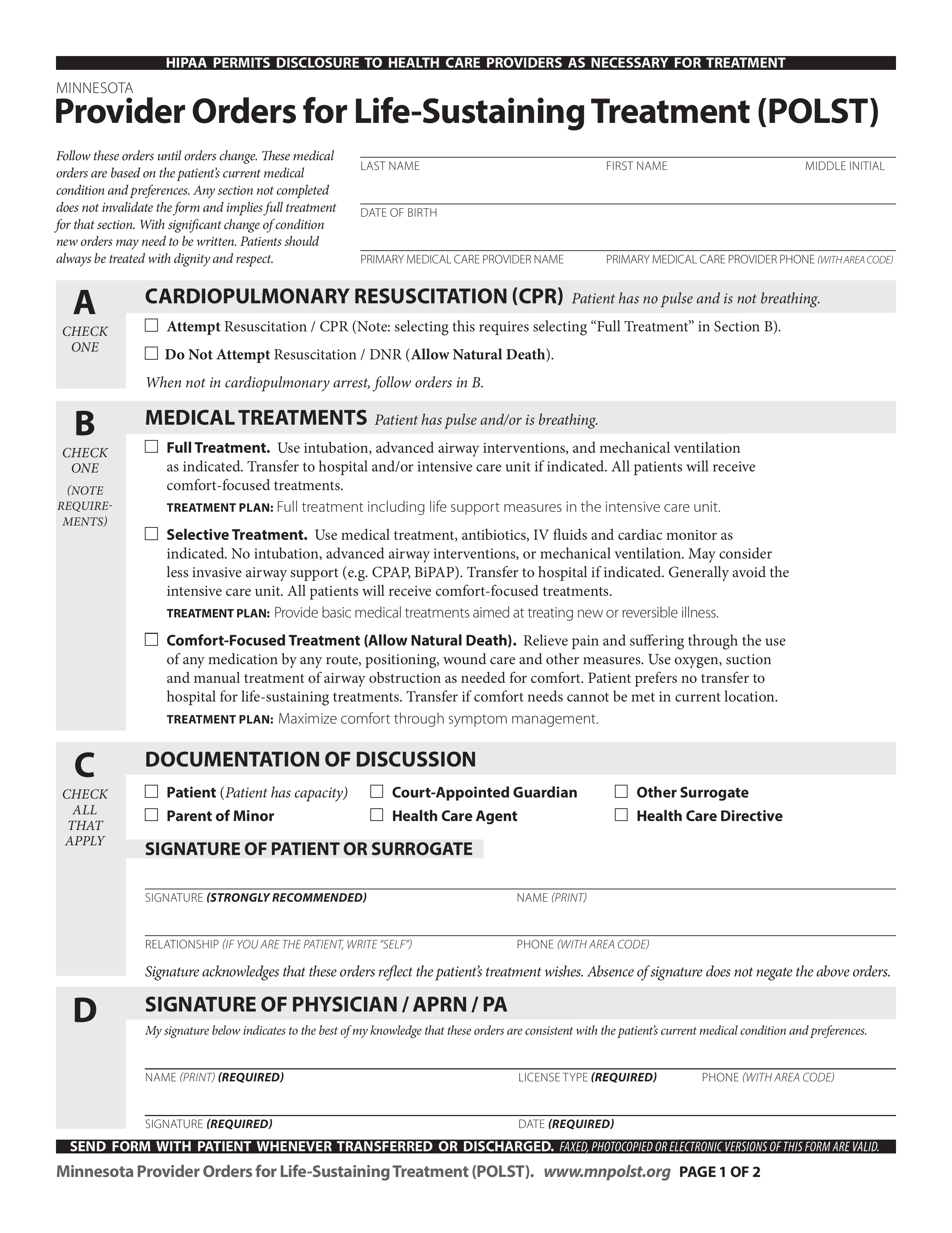 Free Minnesota Do Not Resuscitate (DNR) Order Form - PDF – eForms