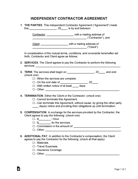 Free Independent Contractor Agreement Template Word Pdf Eforms Free Fillable Forms