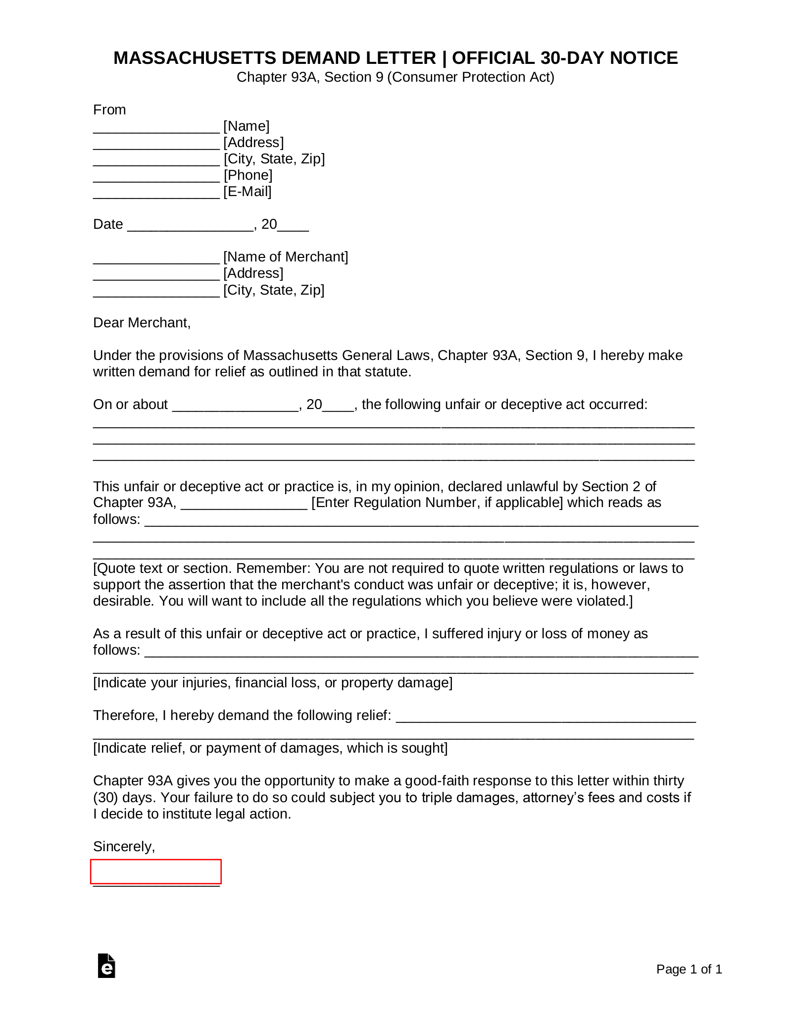 Free Chapter 93a Massachusetts Demand Letter Sample Pdf Word Eforms Free Fillable Forms