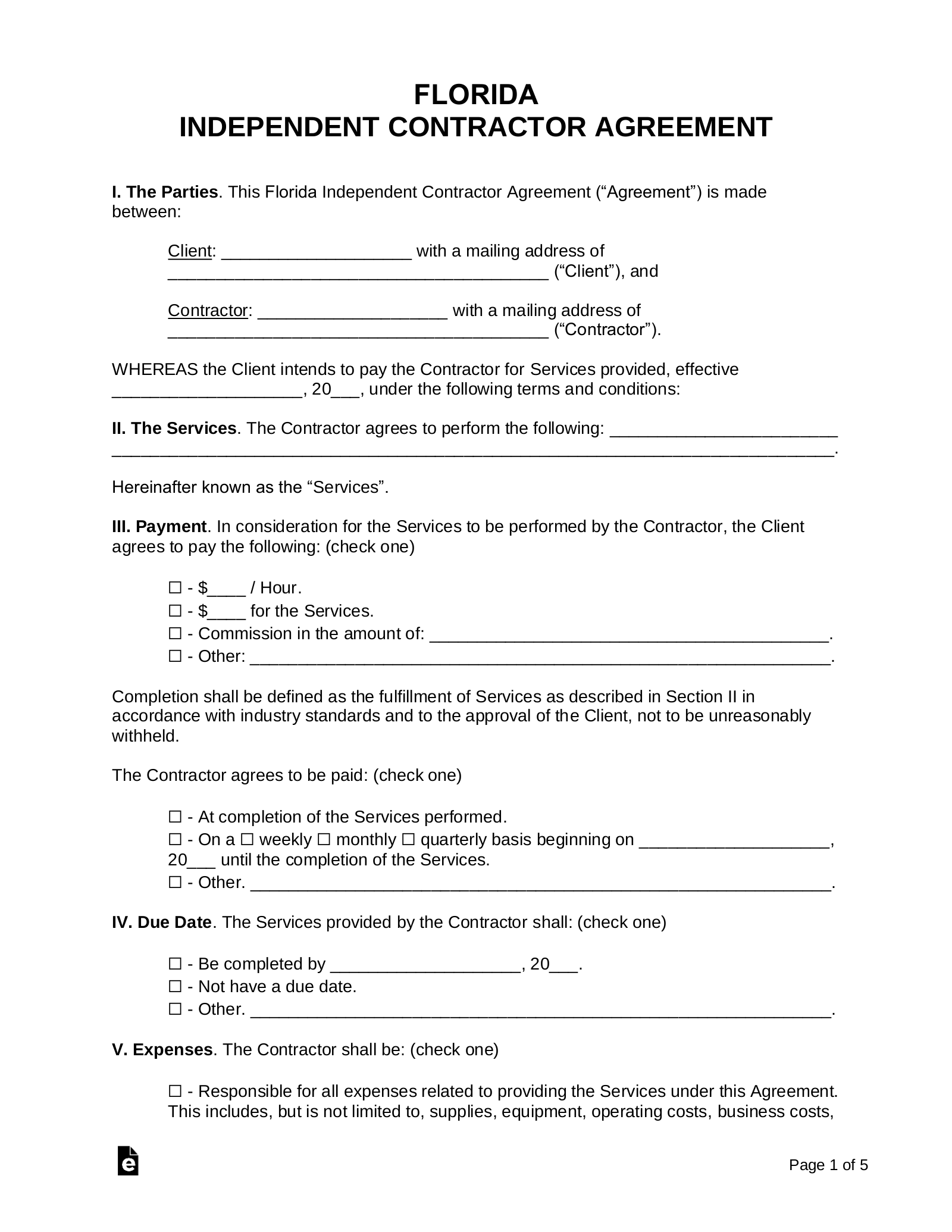 Free Florida Independent Contractor Agreement Word Pdf Eforms Free Fillable Forms