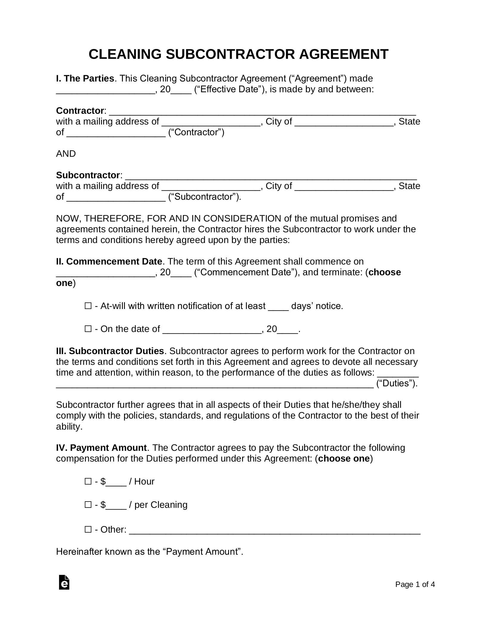 Free Cleaning Subcontractor Agreement Template Pdf Word Eforms Free Fillable Forms